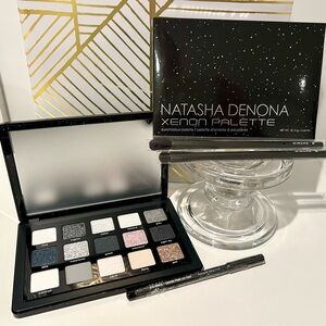 Natasha Denona Xenon Palette, eyeliner, and eyeshadow brushes